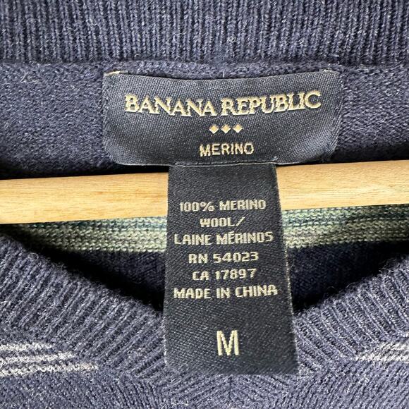 Banana Republic Mens size Medium Merino Wool Striped Sweater Blue - Picture 7 of 9